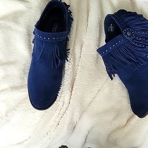Navy blue suede fringed ankle Western boots